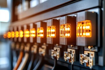 industrial control panel with illuminated switches and connectors showcasing modern technology and e