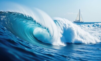 Wall Mural - Majestic ocean wave with sailboat in background