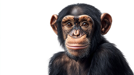 A charming chimpanzee with a gentle expression poses against a clean, white background, highlighting its features in a detailed close-up portrait.