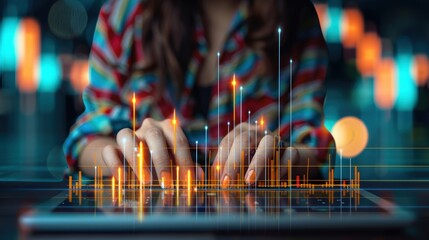 Professional working on futuristic digital analytics interface, utilizing AI-powered data insights for strategic decision-making, financial forecasting, business intelligence in technology-driven