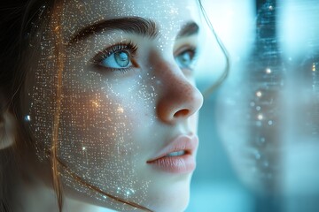 Wall Mural - woman's face overlaid with futuristic digital data.