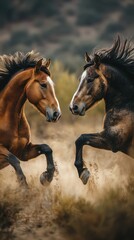 Naklejka na meble Horses run freely in the wild, capturing the beauty of nature during a golden sunset in an open landscape