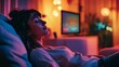 © Kenny - Young caucasian female relaxing at home with ambient lighting and television