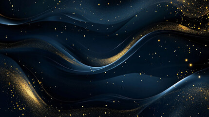 Wall Mural - abstract depiction of dark blue waves with golden light and sparkles