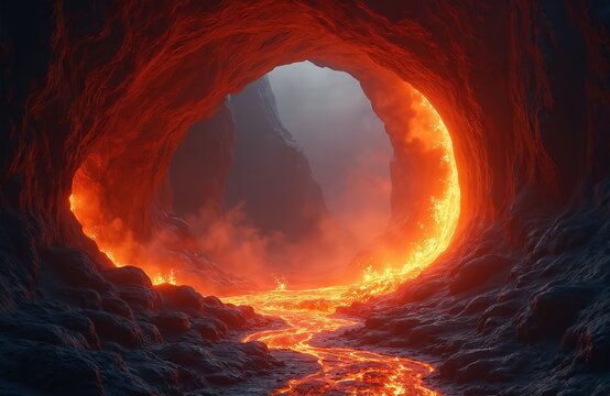 Majestic fiery lava river flowing in volcanic cave with glowing hot molten magma under night sky. Dramatic, intense earth landscape. Infernal blazing hellish phenomena, surreal dynamic power