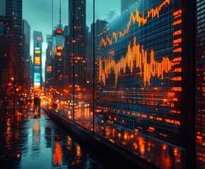 Poster - Rainy Cityscape at Night with Glass-Walled Skyscrapers