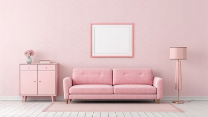 Wall Mural - Front view pink minimal living room, Pink sofa in a pink contemporary room with a blank picture frame, Living room with pink furniture