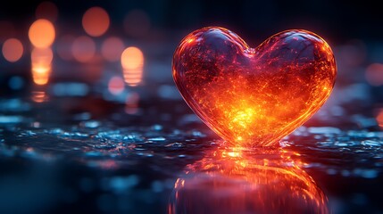 Wall Mural - Shiny abstract heart shape with neon glow and reflective surface