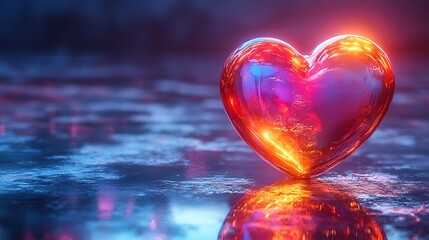Wall Mural - Shiny abstract heart shape with neon glow and reflective surface