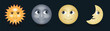 © Turkan Jabbarli - Sun with smiling face, half and full moon face vector emoji illustration isolated on dark background