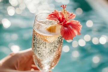 luxurious summer scene featuring a chilled champagne flute with a sparkling cocktail, elegantly garnished with a vibrant red hibiscus flower on the sunlit poolside