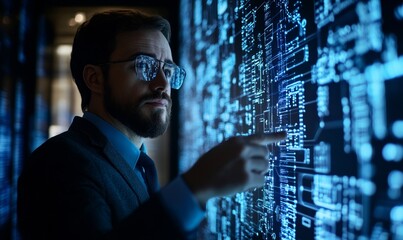 Businessman Interacting with Cloud Computing Network Hologram, Showcasing Data Transfer and Online Storage for Business, Innovative Technology