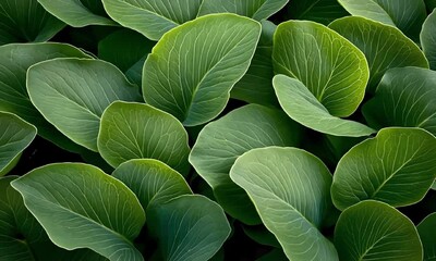 Wall Mural - A close-up view of lush, vibrant green leaves showcasing intricate textures and patterns. Ideal for nature-themed projects, these leaves symbolize growth, freshness, and vitality.