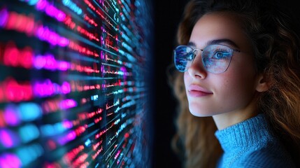 Woman looking at glowing data wall, technology