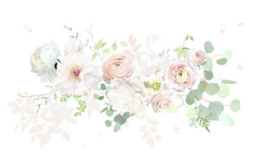 Wall Mural - Pink ranunculus, white peony, blush pink rose, magnolia, green hellebores, eucalyptus, sage greenery vector design wedding spring bouquet. Floral summer watercolor. Elements are isolated and editable