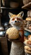 © zakiroff - Charming anthropomorphic fox character holding a loaf of bread in a rustic bakery setting, surrounded by various baked goods, showcasing a whimsical culinary scene concept