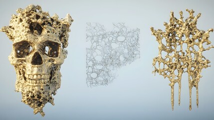 Golden Skull and Abstract Forms in Three Dimensional Art Decoration with Metallic Texture