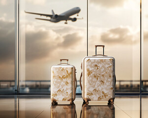 Two stylish suitcases with floral patterns in a modern airport terminal, with an airplane flying in the background. Represents travel, vacation, and adventure.