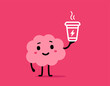 © wowomnom - Vector cartoon illustration of cute happy brain character hold coffee cup with lightning symbol on pink color background. Flat doodle style design of smile brain character and energy coffee break