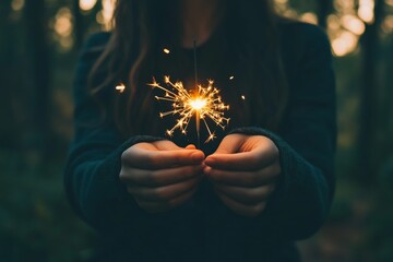 Young female holding sparkler in forest during twilight