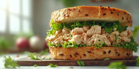 Wall Mural - Delicious chicken salad sandwich with fresh greens served on toasted whole grain bread in a bright kitchen setting