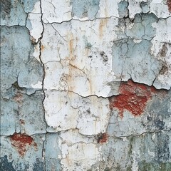 Aufkleber - Cracked Plaster Wall with Remnants of Old Paint: A Textural Study of Decay and Imperfection with Visible Red Underlying Layer.