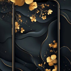 Aufkleber - Elegant Golden Floral Design on Modern Black Curved Background for Luxurious Mobile Wallpaper