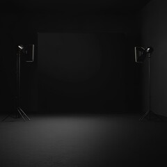 Poster - Monochrome Minimalism: Two Studio Lights Illuminating a Dark, Empty Space, Evoking Mood and Potential for Creative Production