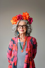 A woman wearing a flower headdress and glasses