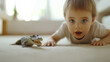 © Bonsales - Child playing with toys on carpet startled by alligator attack from doorway in a bright and inviting room