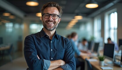Portrait of smiling programmer man wearing eyeglasses in office. Confident developer, engineer with crossed arms poses in coworking workplace. Successful businessman, manager, pro looks at camera.