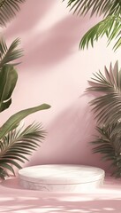 Poster - marble podium display with pink background and tropical leaves