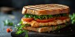 © Georg - Grilled chicken sandwich with fresh vegetables served on rustic wooden board