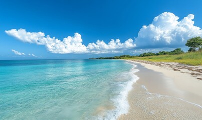 serene blue sea and sky with puffy clouds on a clear day: peaceful oceanic panorama background conce