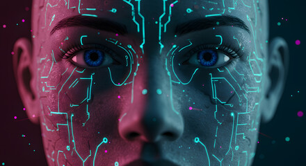 futuristic human face with glowing circuit patterns on skin, symbolizing ai and technology integrati