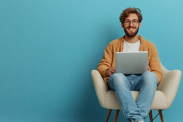 Happy man using laptop computer sitting on chair, working online over blue studio background, full length, copy space