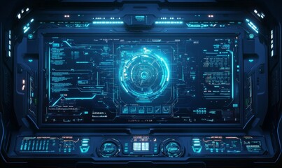futuristic command prompt on a digital interface with a holographic computer screen, depicting advan
