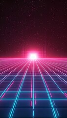 Wall Mural - a neon grid with glowing light and starry background