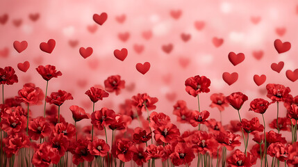 Canvas Print - Field of red flowers with a pink background and a large number of hearts scattered throughout the scene