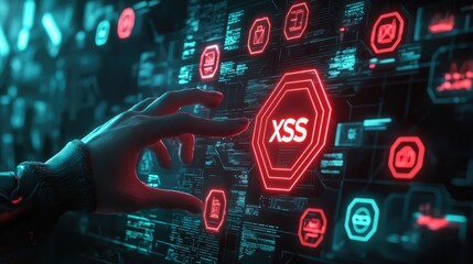 hand interacts with a futuristic interface highlighting , a critical web vulnerability