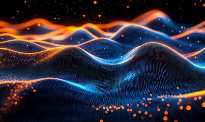 Futuristic Digital Data Flow Concept with Glowing Binary Code Matrix in Blue and Orange, 3D Rendering of Technological Information Stream for Science and Technology