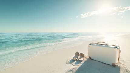 A suitcase and sandals on a serene beach with turquoise waters and a bright sky, symbolizing travel, relaxation, and vacation vibes by the ocean.