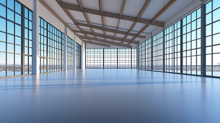 Wall Mural - A large empty warehouse with a lot of windows The space is very open and airy with a lot of natural light coming in The emptiness of the space gives it a sense of calm and serenity