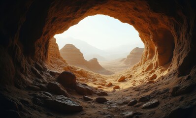 Wall Mural - Serene cave view with golden sunlight