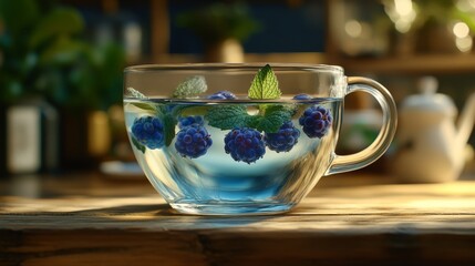 Sticker - A glass cup filled with juniper berries and mint leaves, resting on a wooden surface with a blurred background