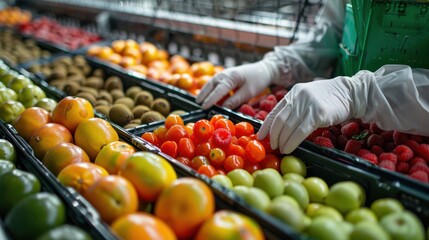 A food processing plant worker in a sterile environment efficiently packaging and labeling processed foods