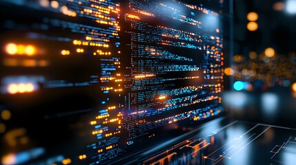 Programming code on dark background with glowing blue and orange lights creating futuristic technology atmosphere for software development concept.