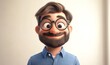 © Lamaba - Happy Smiling Cartoon Man in Blue Shirt with Big Glasses on Light Background - 3D Style Design Portrait of Adult Male - Human People Emotions and Expressions
