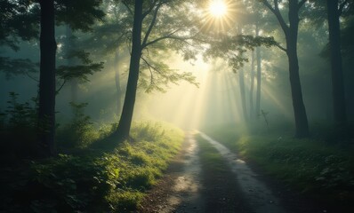 Wall Mural - Serene forest path with sun rays