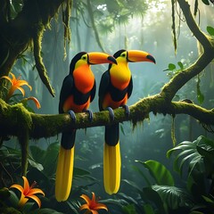 Toucan sits on a branch isolated on white background
